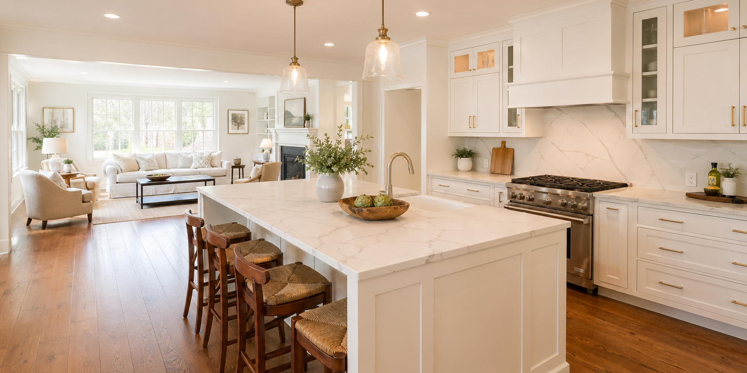 Open concept kitchen renovation in a Chester County PA Colonial home with white shaker cabinets and large island