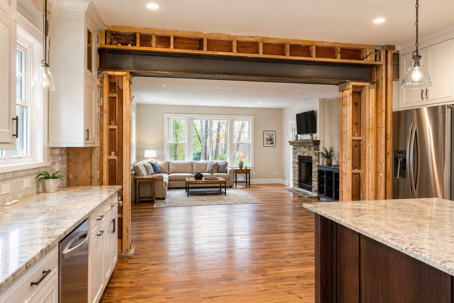 LVL beam installation during open concept kitchen wall removal in a Chester County Pennsylvania home