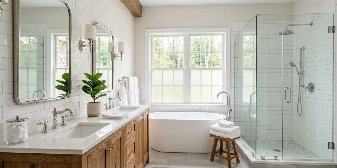Luxury bathroom remodel in Chester County PA colonial home with freestanding tub and frameless glass shower