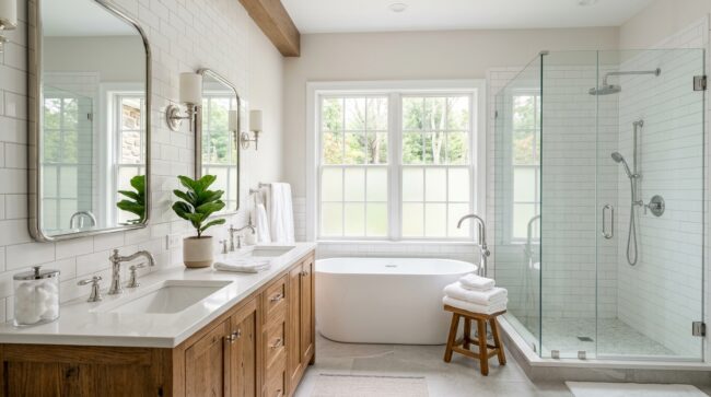 Luxury bathroom remodel in Chester County PA colonial home with freestanding tub and frameless glass shower