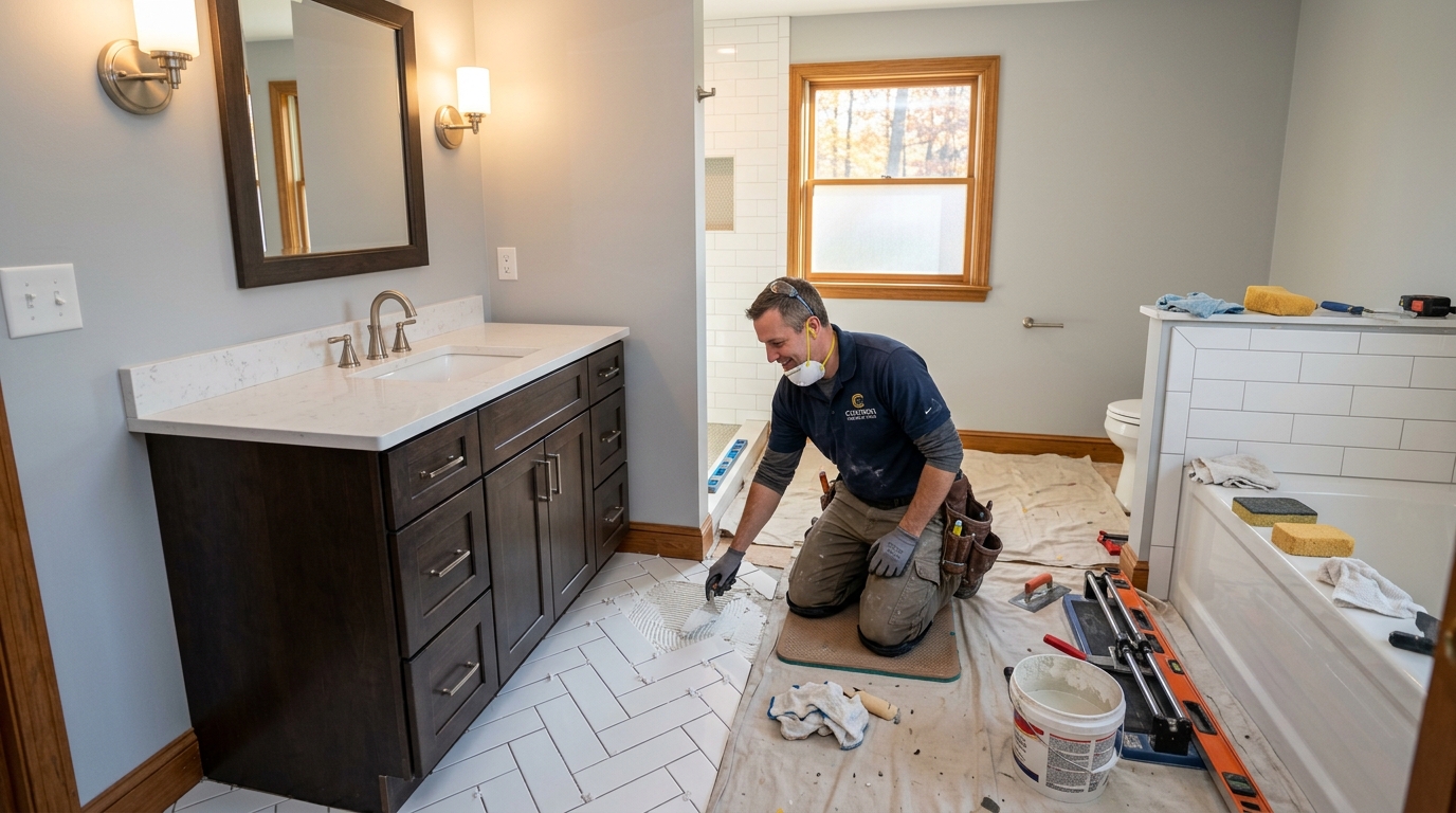 Professional bathroom renovation contractor installing tile in Chester County PA home