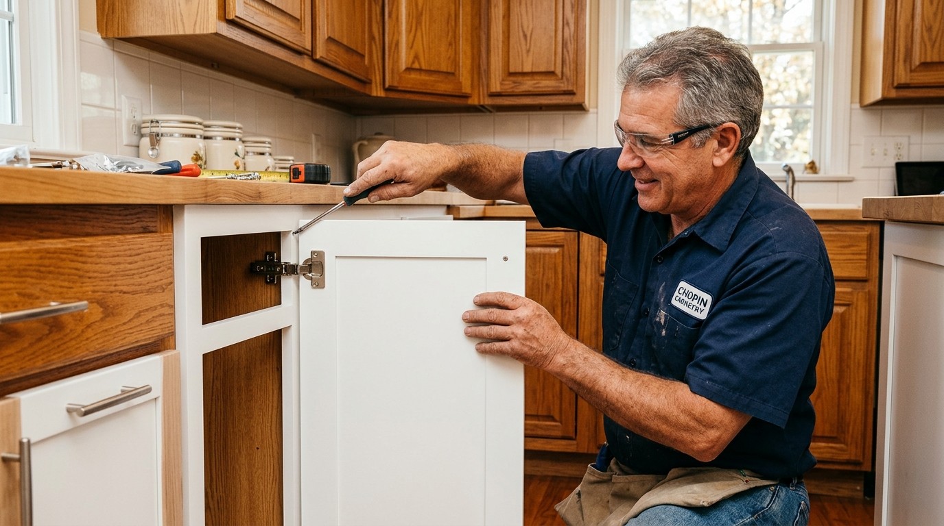 Cabinet refacing installation in Chester County PA kitchen — craftsman installing new shaker doors