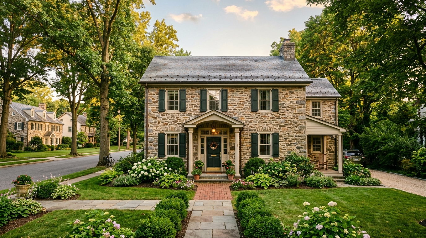 Chester County PA stone colonial home exterior typical of Malvern and West Chester neighborhoods