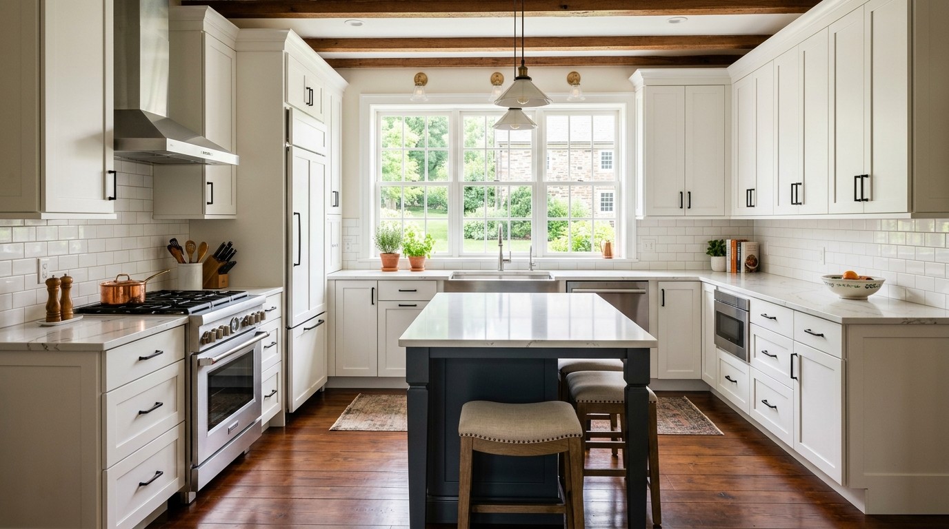 Finished refaced kitchen cabinets in Chester County PA home — white shaker doors, quartz countertops, transformed look