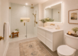 Small bathroom renovation with large-format tile and floating vanity in a Chester County PA home