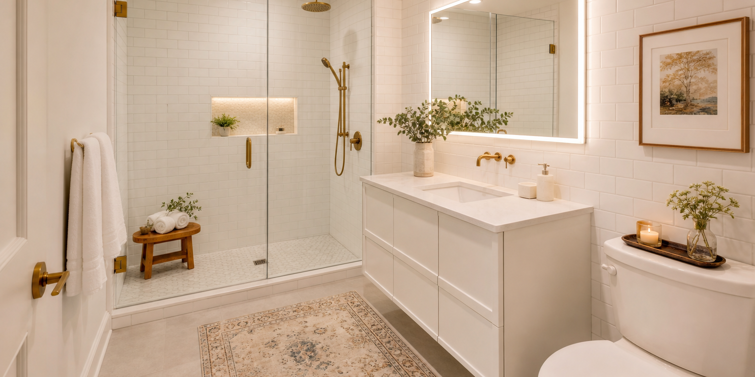 Small bathroom renovation with large-format tile and floating vanity in a Chester County PA home