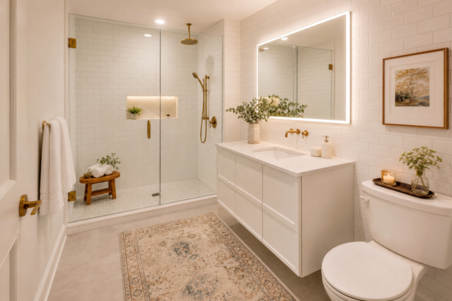 Small bathroom renovation with large-format tile and floating vanity in a Chester County PA home