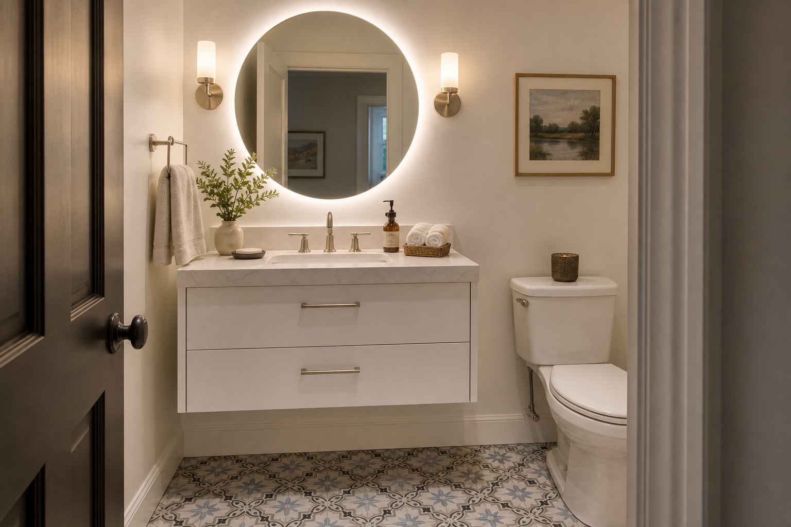 Finished small guest bathroom with floating vanity and backlit mirror in a Chester County PA home renovation