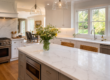 White quartz kitchen countertop on a large island in a Chester County PA Colonial home kitchen renovation