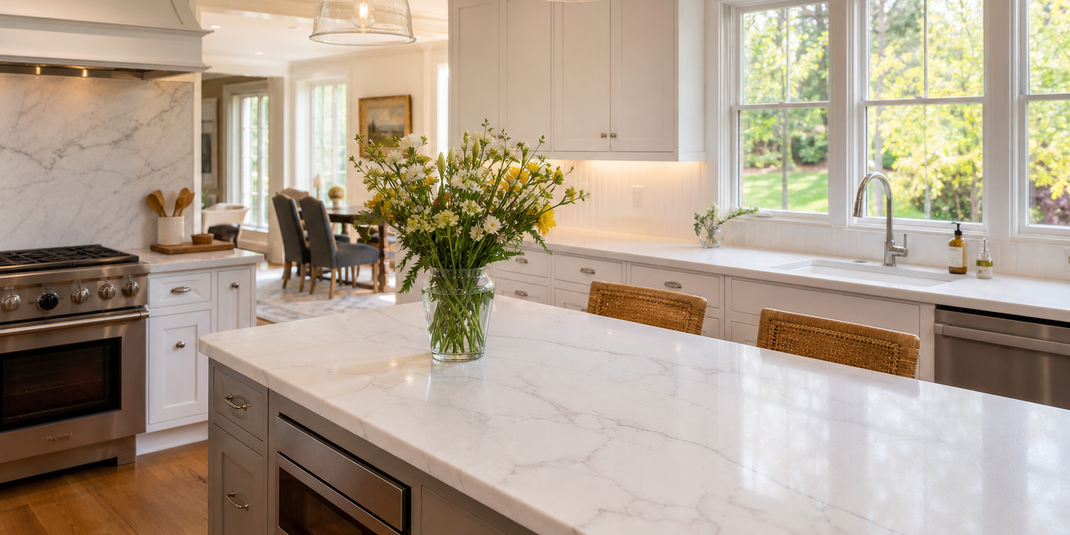 White quartz kitchen countertop on a large island in a Chester County PA Colonial home kitchen renovation