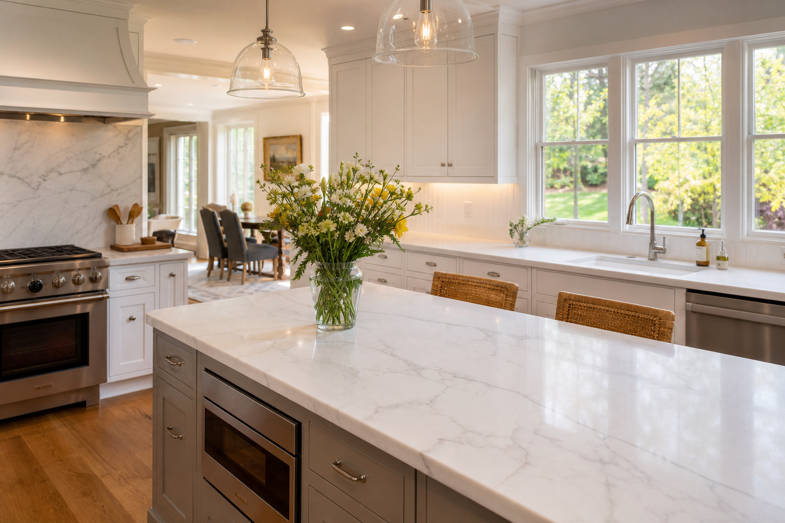 White quartz kitchen countertop on a large island in a Chester County PA Colonial home kitchen renovation