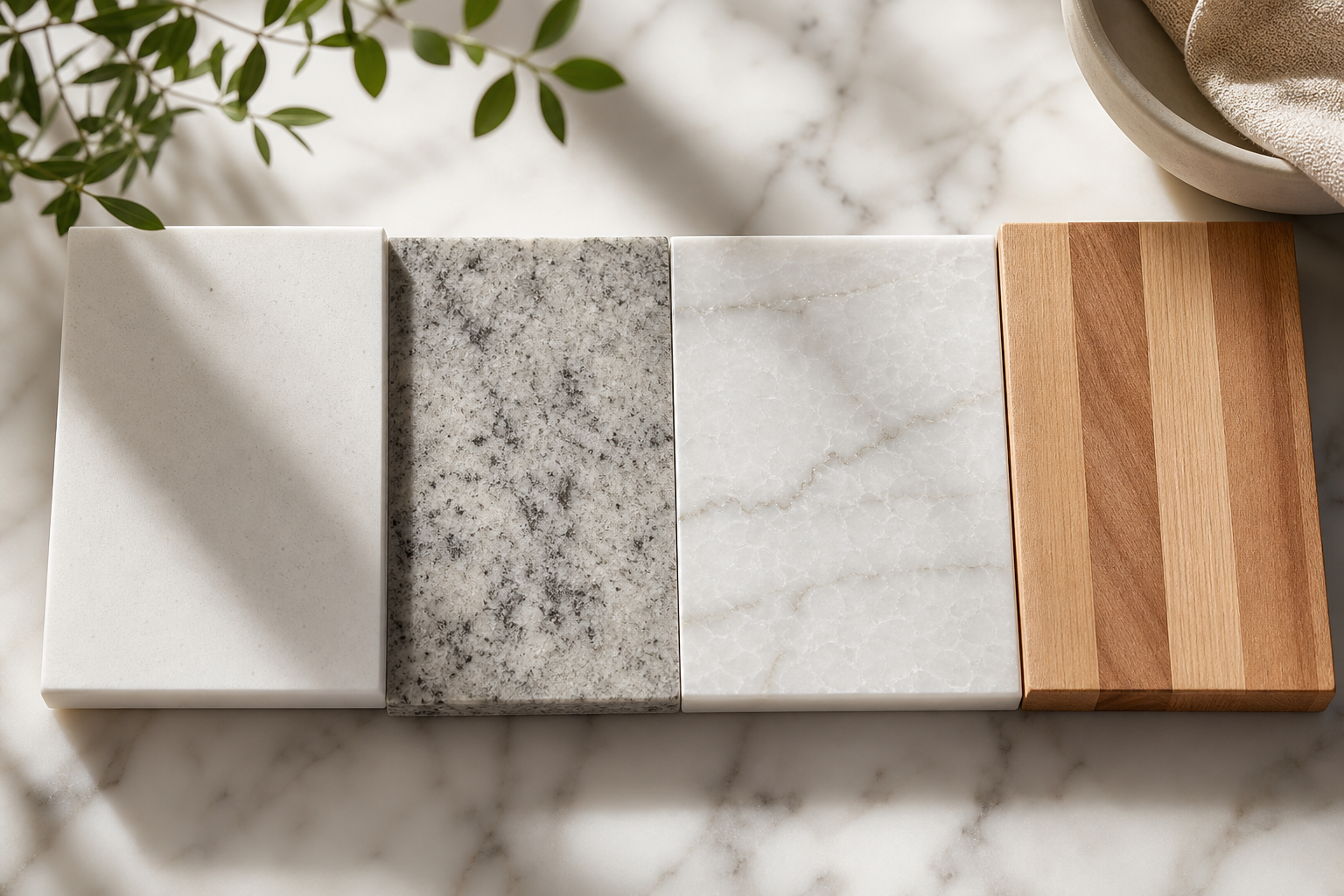 Kitchen countertop material samples comparison — quartz, granite, quartzite, and butcher block side by side