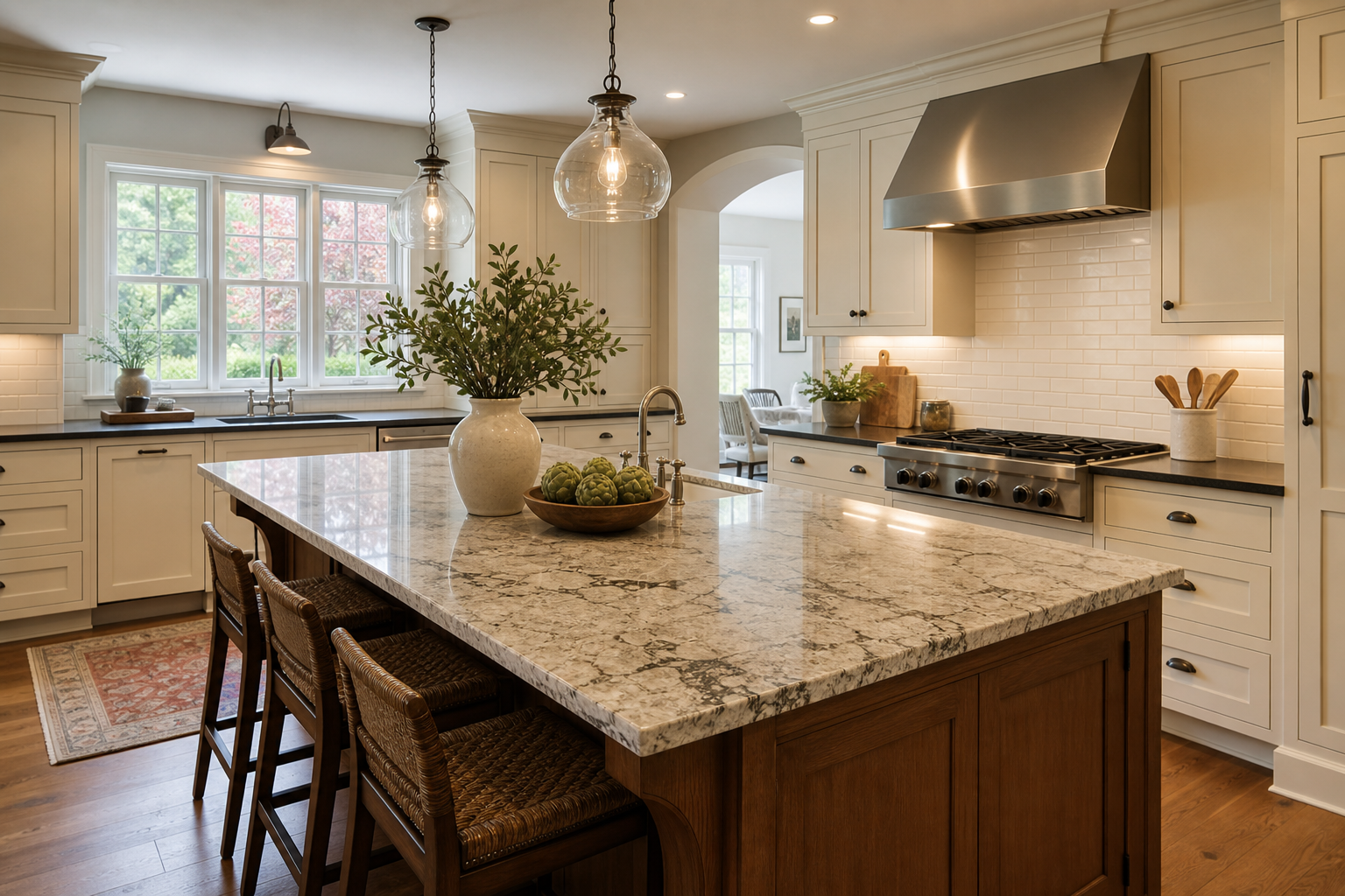 Finished kitchen renovation with natural stone countertop and Shaker cabinets in a Chester County PA home