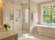 Renovated master bathroom in Chester County PA with walk-in shower and freestanding soaking tub