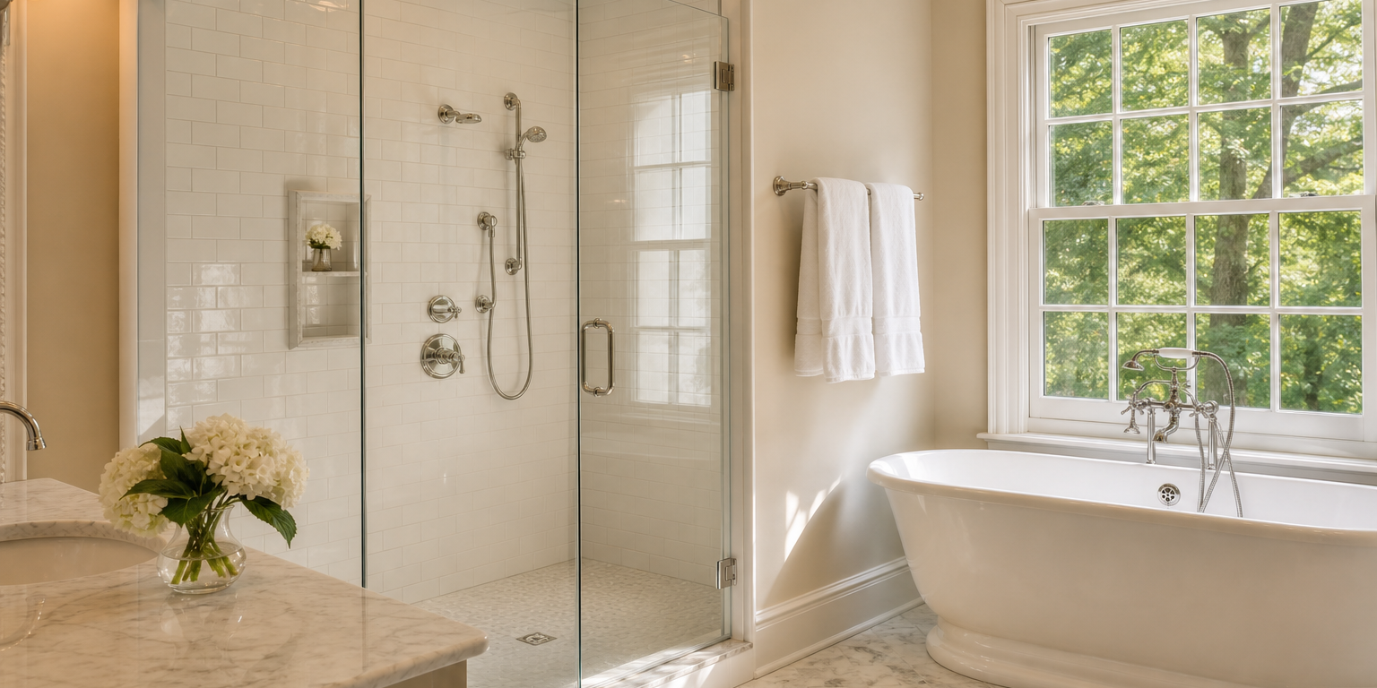 Walk-In Shower vs Bathtub Chester County PA Featured Image Renovated master bathroom in Chester County PA with walk-in shower and freestanding soaking tub
