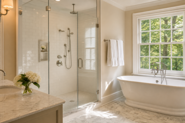 Walk-In Shower vs Bathtub Chester County PA Featured Image Renovated master bathroom in Chester County PA with walk-in shower and freestanding soaking tub