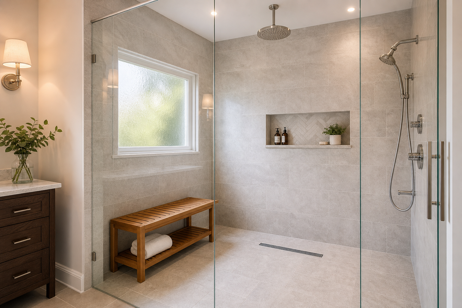 Frameless walk-in shower with large-format tile and rainfall head in a Chester County PA bathroom renovation