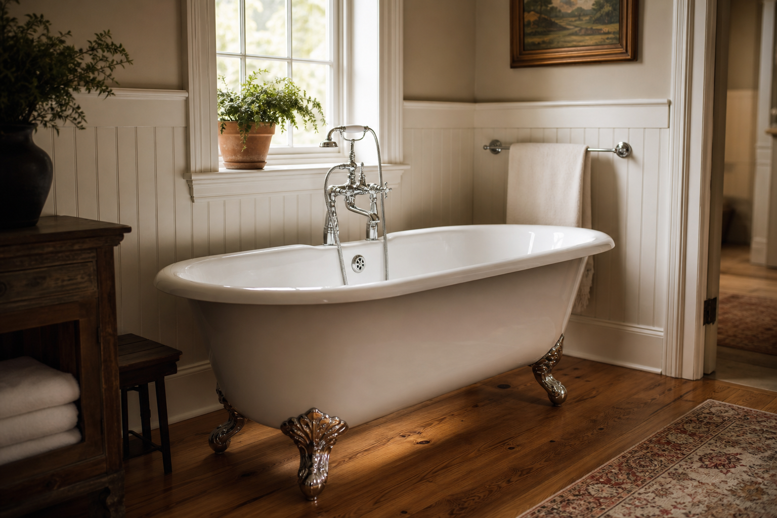 Classic clawfoot soaking bathtub in a renovated Chester County Pennsylvania bathroom