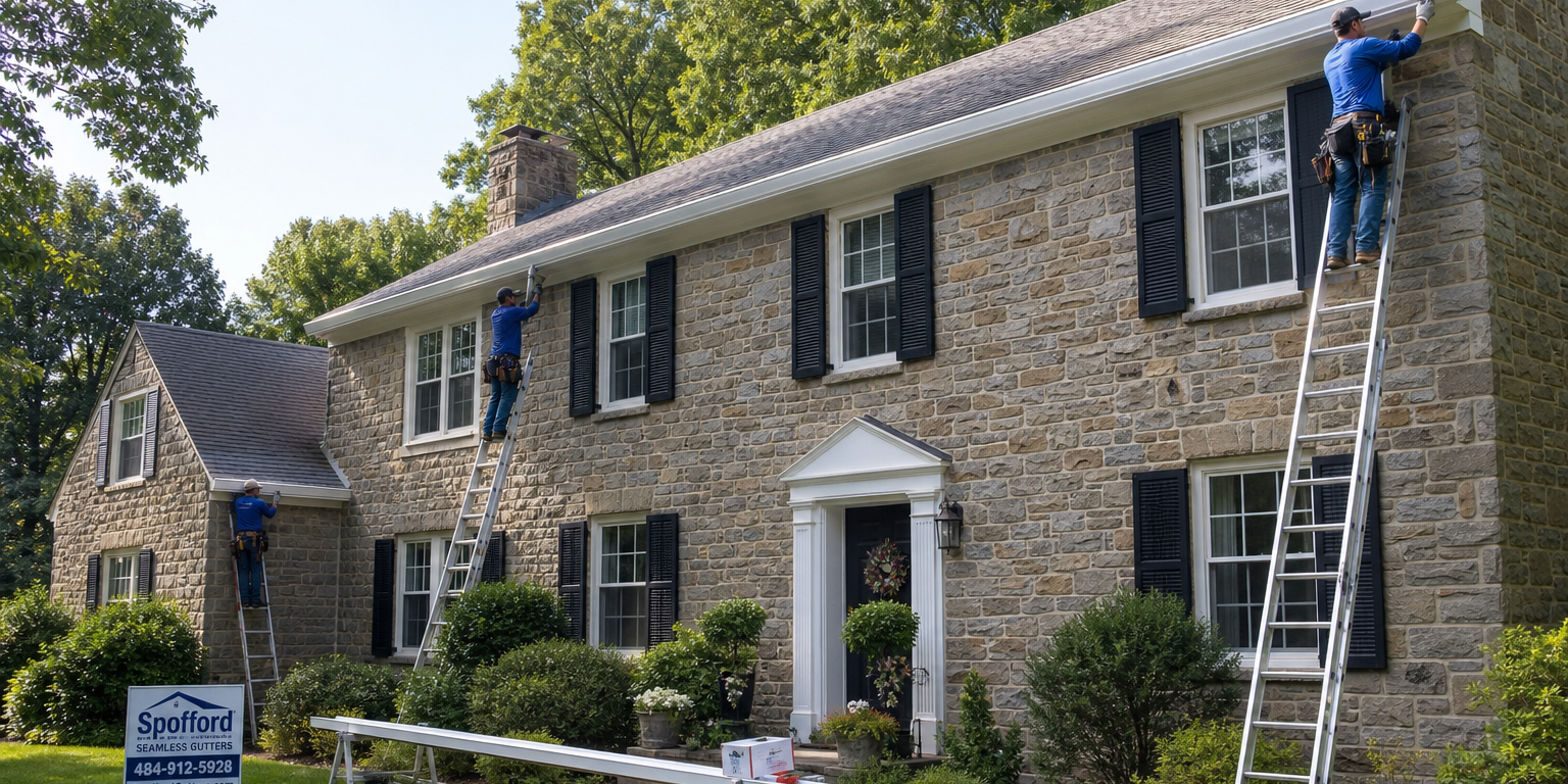 Seamless Gutter Installation Chester County PA Seamless gutter installation on a stone Colonial home in Chester County PA