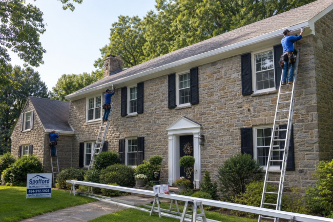 Seamless Gutter Installation Chester County PA Seamless gutter installation on a stone Colonial home in Chester County PA