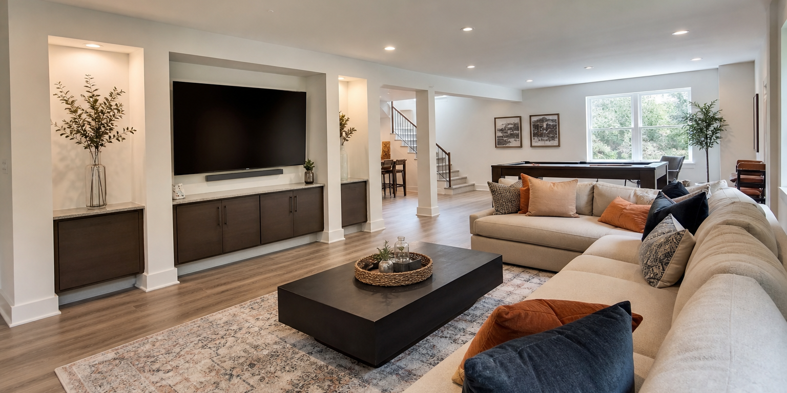 Professional basement finishing Chester County PA — finished family room with LVP flooring and recessed lighting
