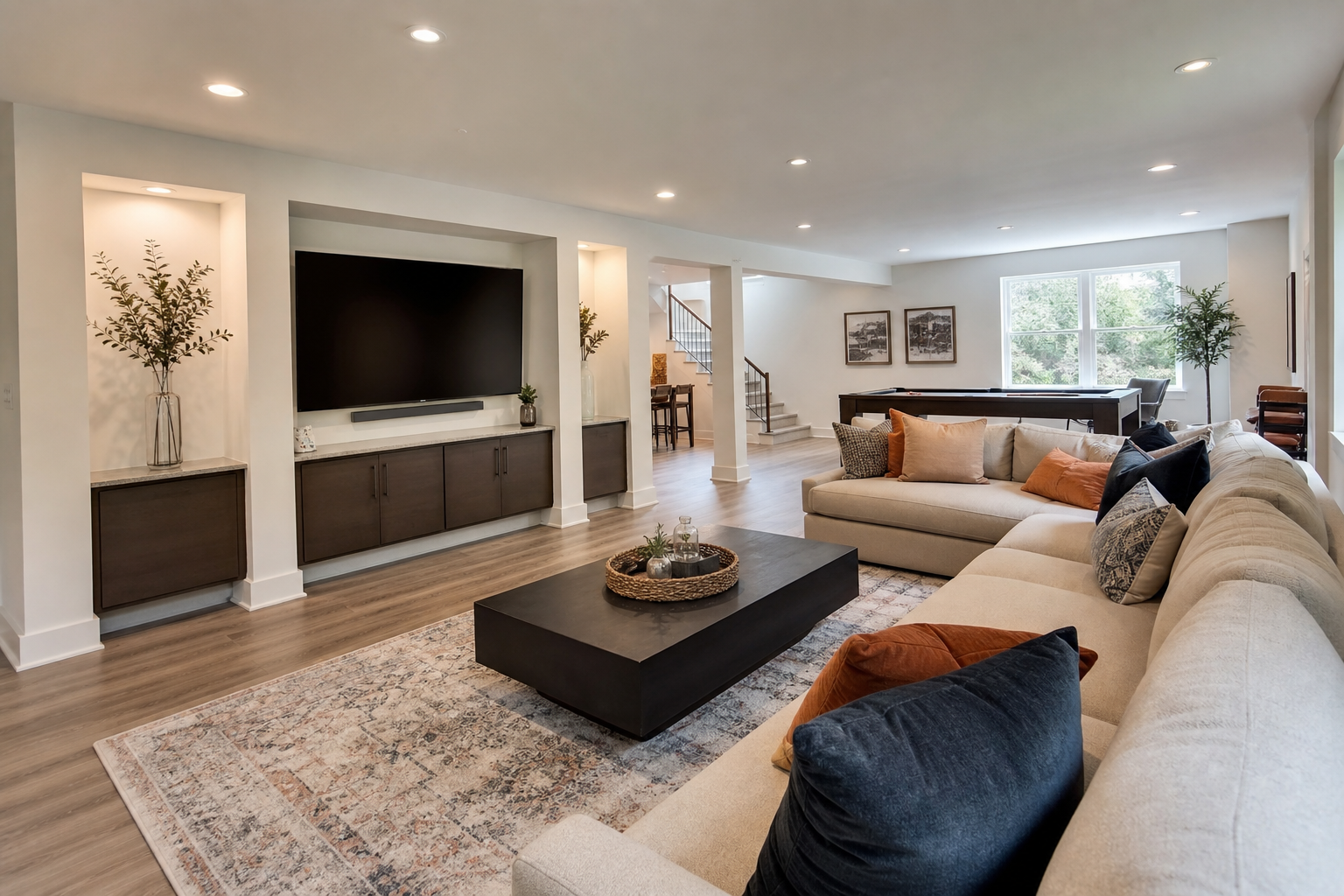 Professional basement finishing Chester County PA — finished family room with LVP flooring and recessed lighting