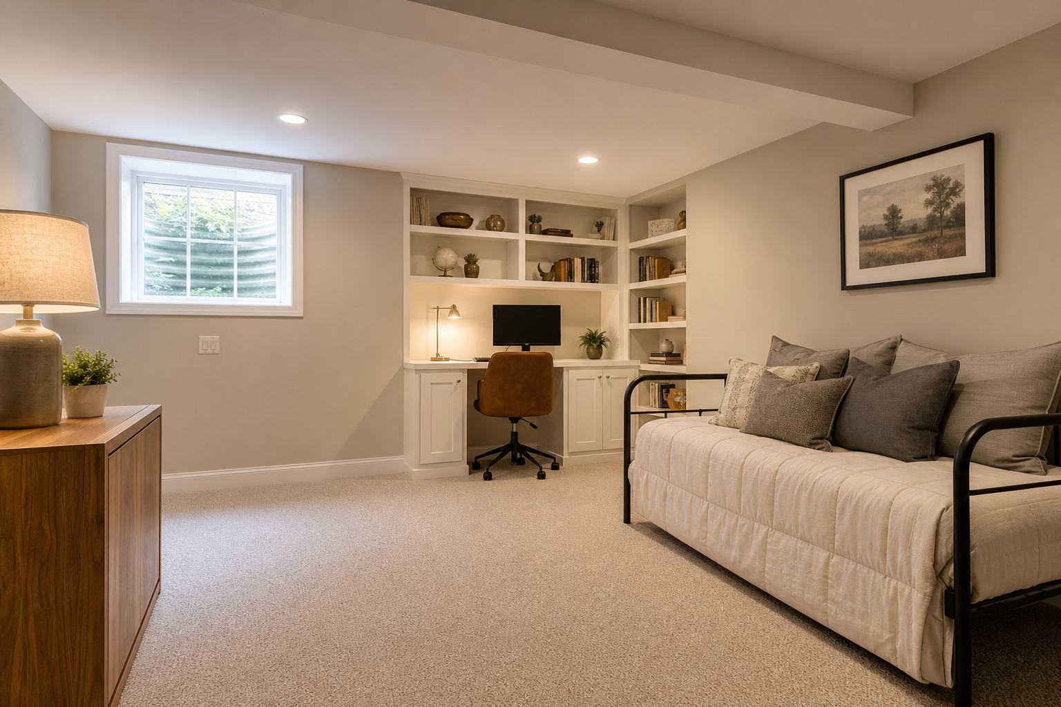 Finished basement home office and guest suite in Chester County Pennsylvania colonial home