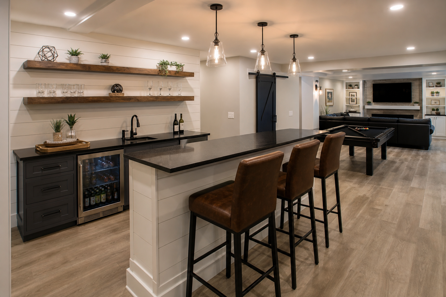 Chester County PA basement wet bar and recreation room renovation by Smarter Improvements