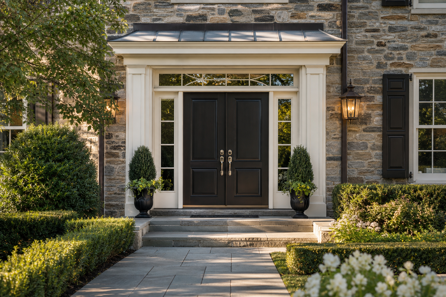 Double-door exterior entry with sidelights and transom window, exterior door replacement Chester County PA colonial home