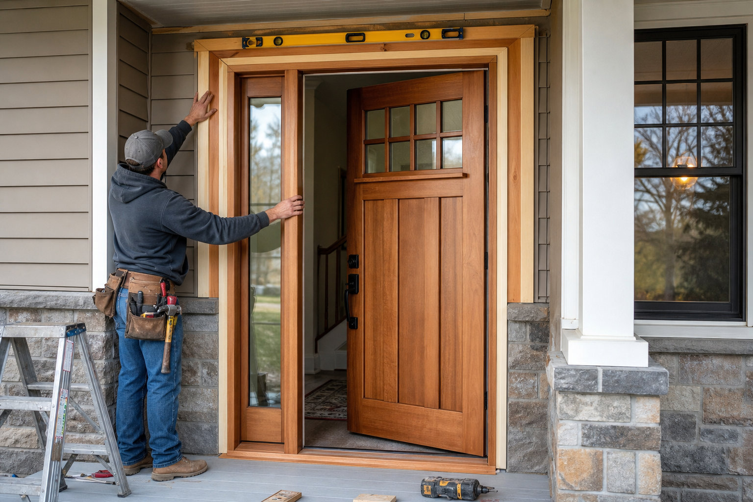 Craftsman-style exterior door installation Chester County PA contractor fitting new front door frame