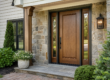 Exterior door replacement Chester County PA — newly installed fiberglass front door with sidelights on a stone-front home