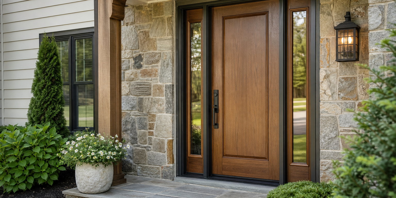 Exterior door replacement Chester County PA — newly installed fiberglass front door with sidelights on a stone-front home