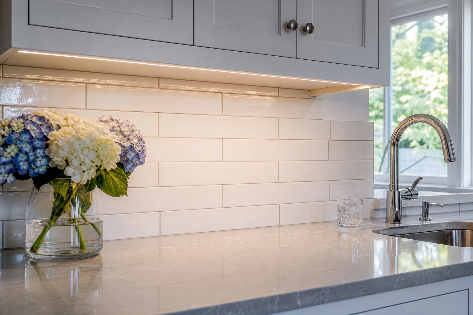 Finished quartz countertop and tile backsplash detail from a kitchen remodel timeline project in Chester County PA