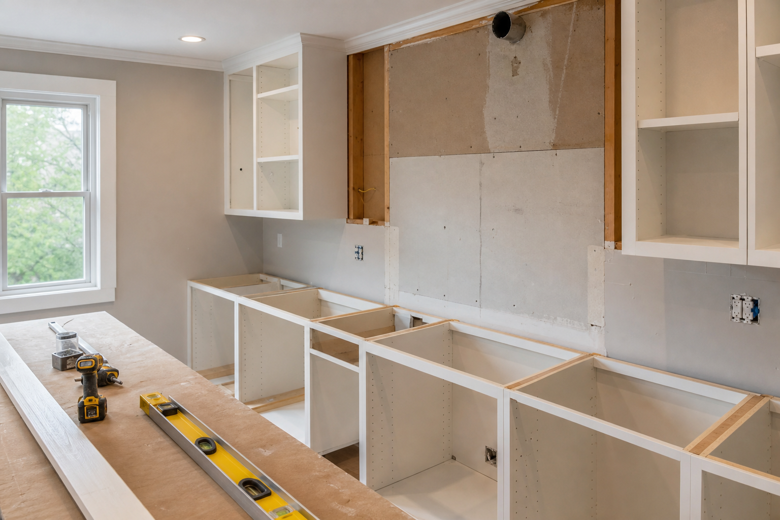 Kitchen renovation in progress in a Chester County PA home with new cabinets being installed