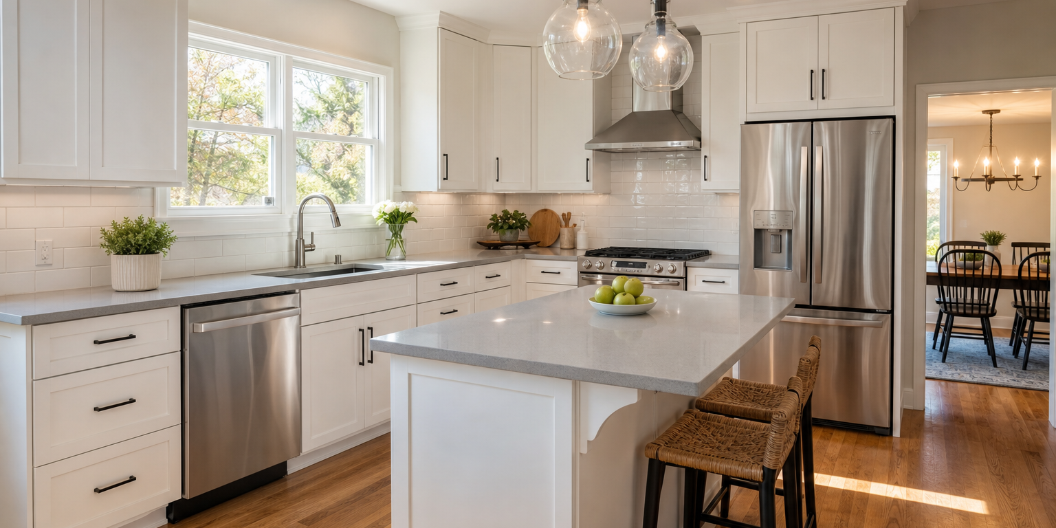 kitchen-remodel-timeline-chester-county-pa-featured Kitchen remodel timeline Chester County PA — finished kitchen renovation with white cabinets and quartz countertops