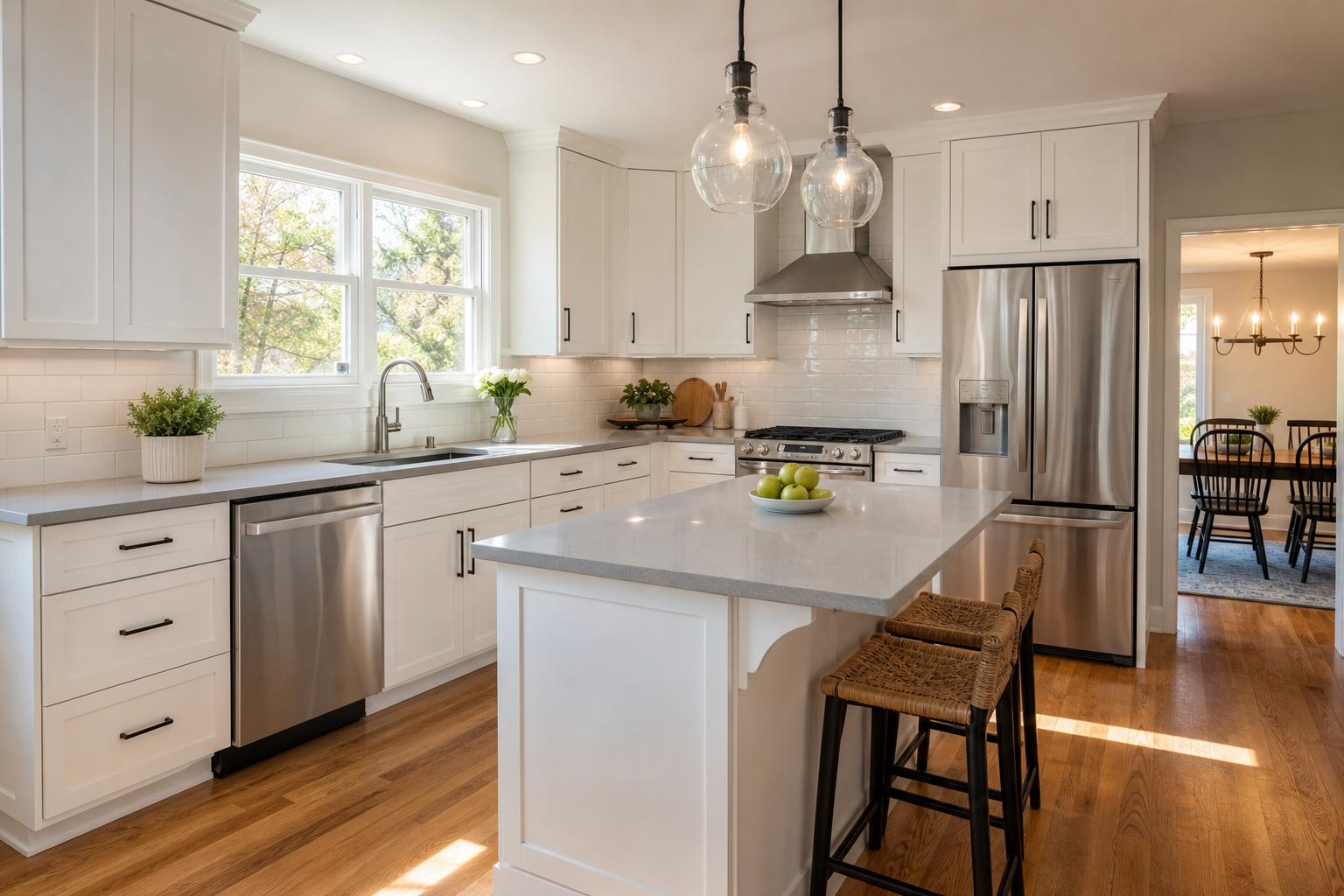 Kitchen remodel timeline Chester County PA — finished kitchen renovation with white cabinets and quartz countertops