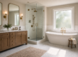 Renovated master bathroom in a Chester County PA home — white subway tile, freestanding tub, and dual vanity