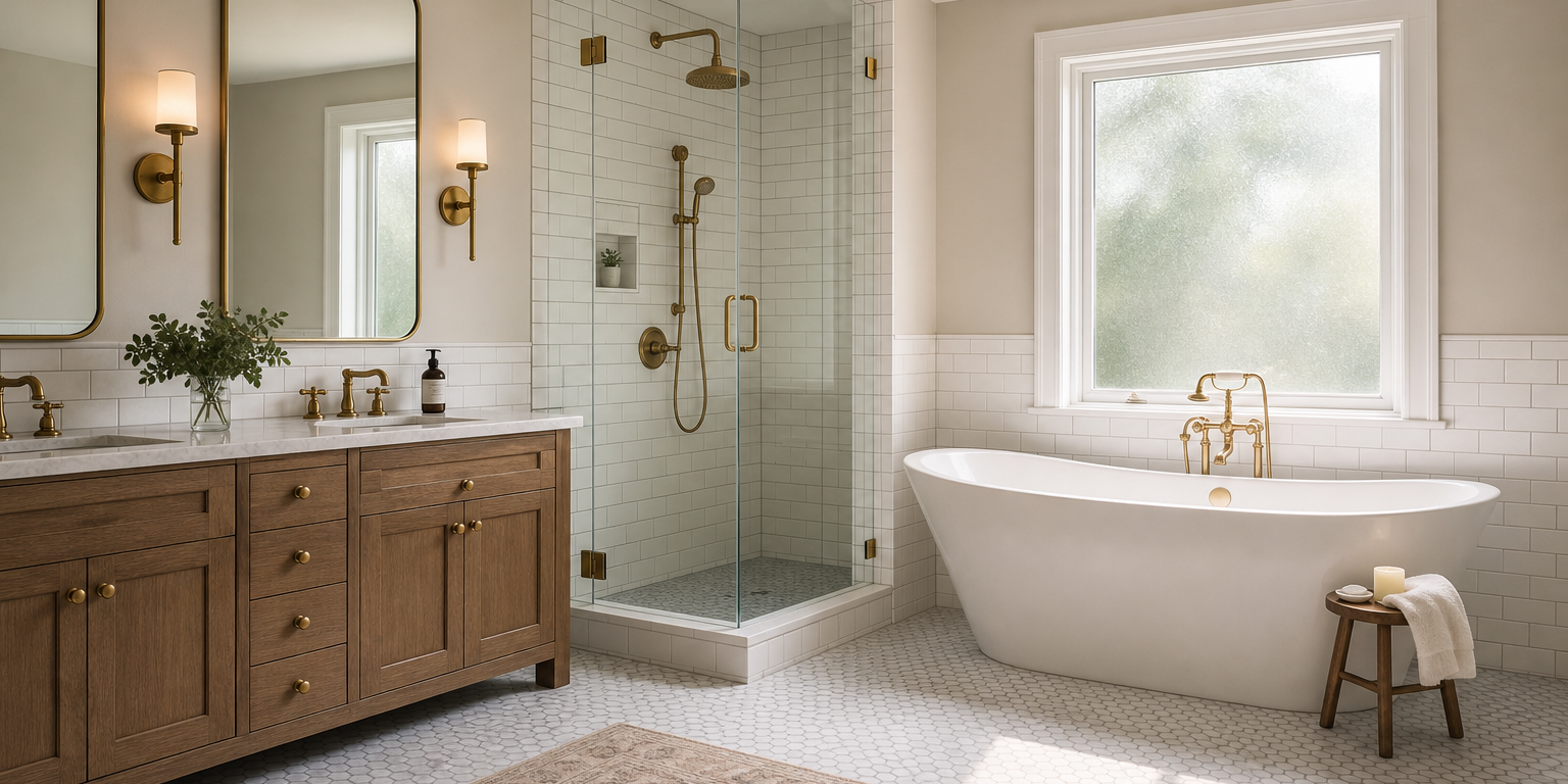 Renovated master bathroom in a Chester County PA home — white subway tile, freestanding tub, and dual vanity