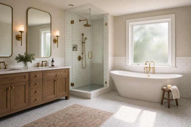 Renovated master bathroom in a Chester County PA home — white subway tile, freestanding tub, and dual vanity