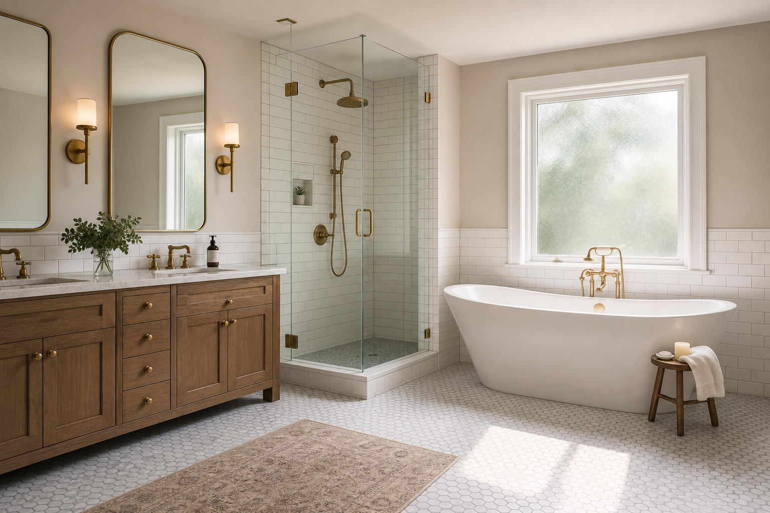 Renovated master bathroom in a Chester County PA home — white subway tile, freestanding tub, and dual vanity