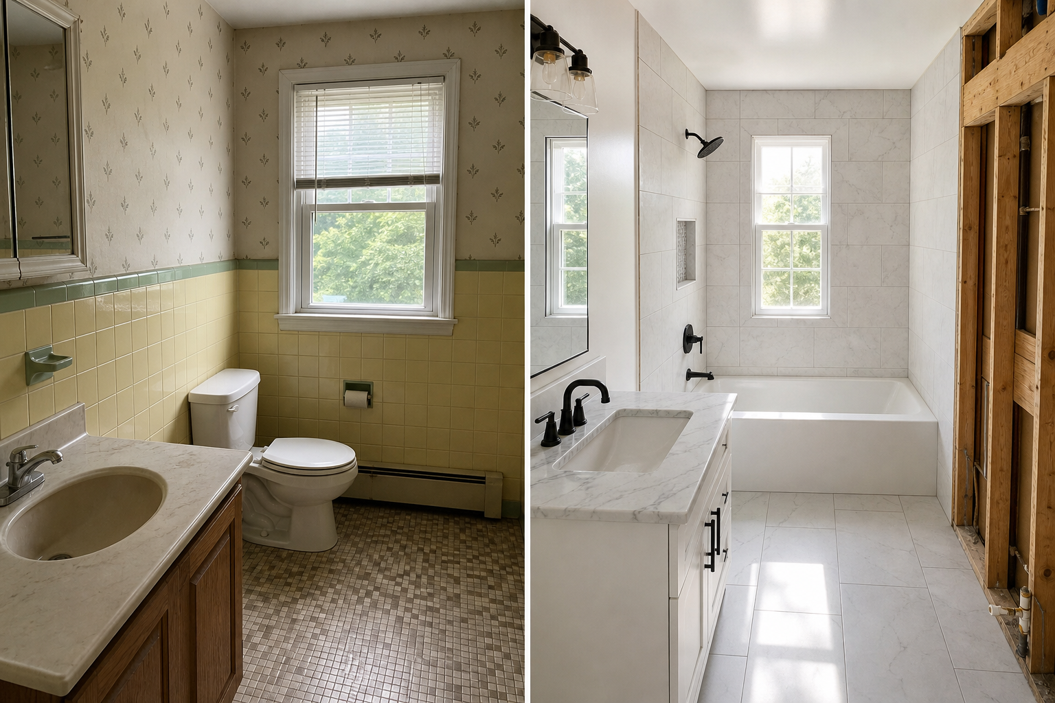 Chester County PA bathroom renovation in progress showing before and after tile work