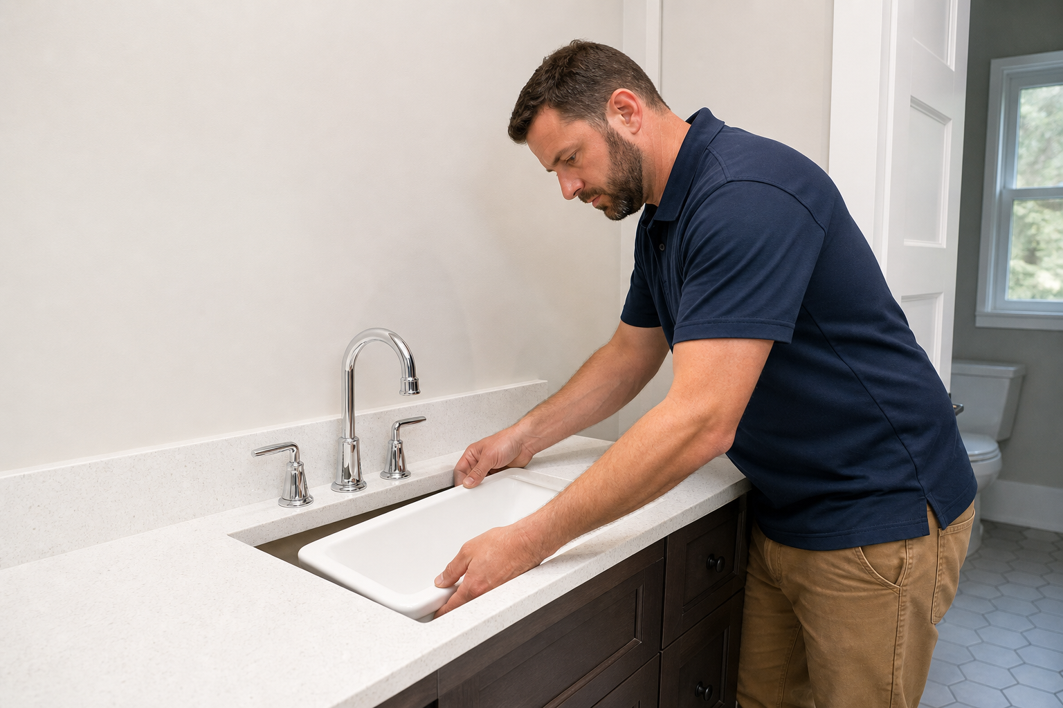 Contractor installing a new vanity and sink during a Chester County PA bathroom renovation
