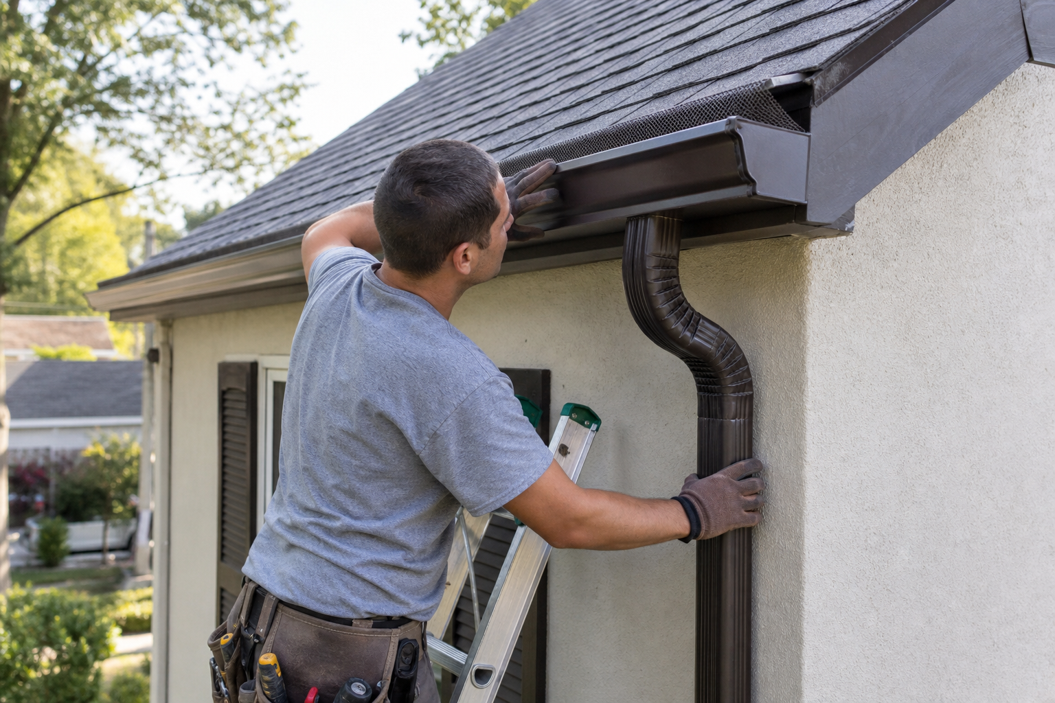 Contractor installing a downspout and gutter guard on a Chester County PA home