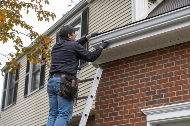 Gutter installation cost Chester County PA – contractor installing seamless gutter Contractor installing seamless aluminum gutters showing gutter installation cost Chester County PA factors