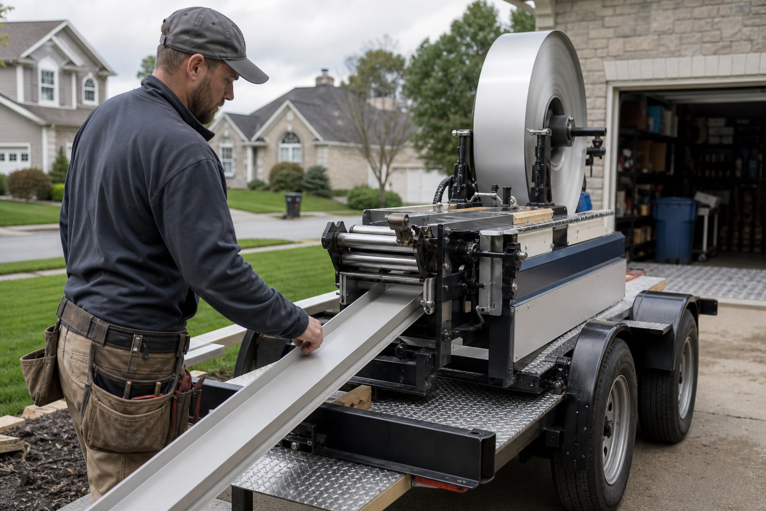 Contractor forming seamless aluminum gutter coil stock on a trailer-mounted machine for a Chester County PA home