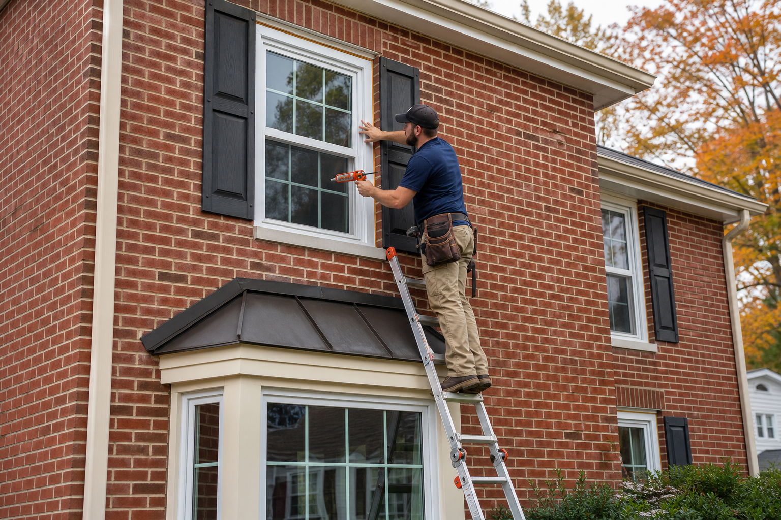 contractor performing window replacement on a brick home in Chester County PA