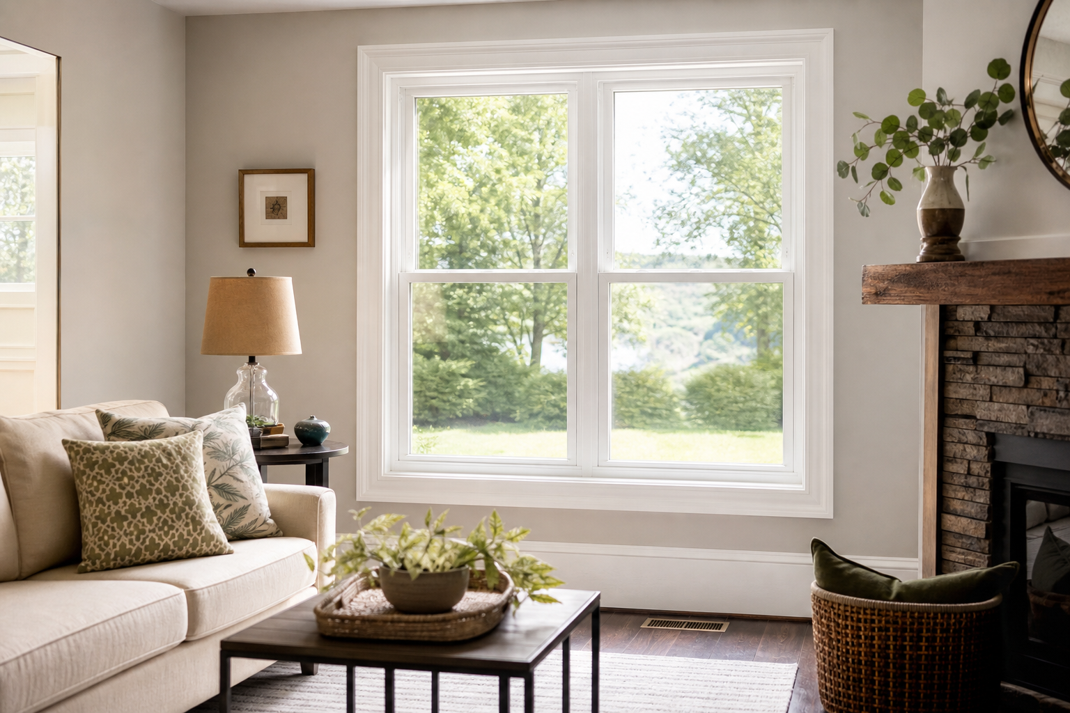 bright living room with new energy-efficient windows after window replacement in Chester County PA