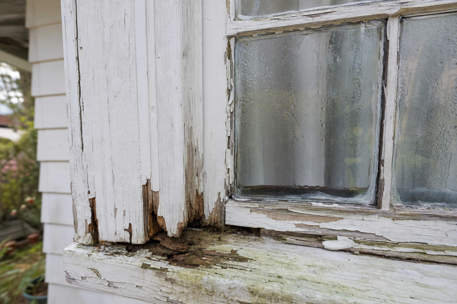 wood rot and foggy condensation on an old window needing window replacement in Chester County PA